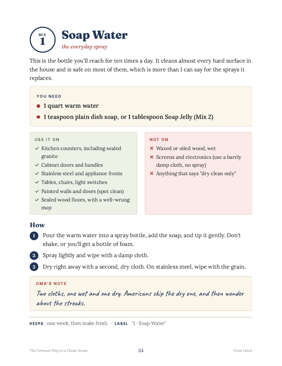 A cleaning mix recipe page from the book